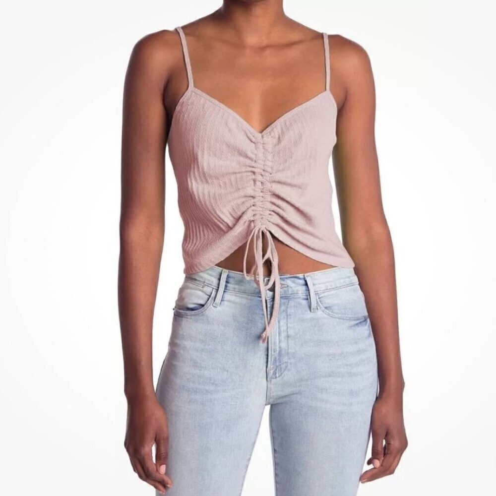 NWT Abound Pointelle Knit Ruched Tie Front Cami Tank Pink Crop Sleeveless - S